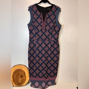 Maggy London Sleeveless Navy Geometric Patterned Sheath Dress Bodycon Women’s 14